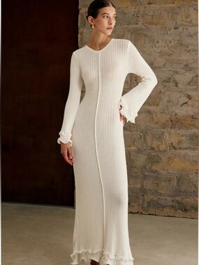 Commense Semi-Sheer Piping Ruffle Drawstring Knit Dress